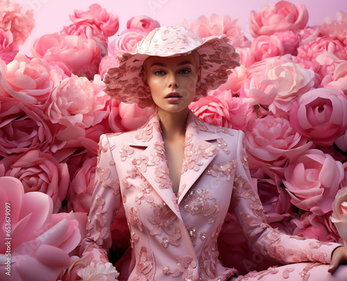 Model in vibrant pink floral suit blends neoclassical scenes with pop-culture infusion. photo