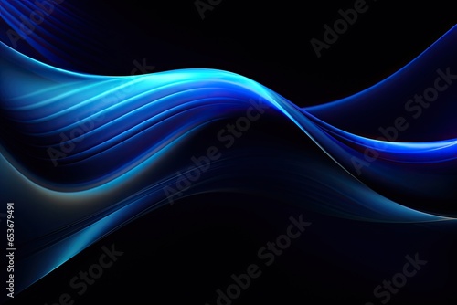Black dark azure cobalt sapphire blue abstract background. Color gradient. Geometric shape. Wave, wavy curved line. Rough grunge grain noise. Light neon metallic shine shimmer bright - Generative AI