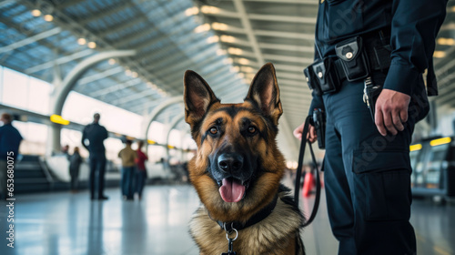 Security officer with police dog at airport - airport security concept photo