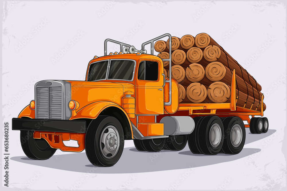 Hand drawn big golden logging truck filled with timber cut, Big rig American powerful semi truck Hand drawn big golden logging truck filled with timber cut, Big rig American powerful semi truck