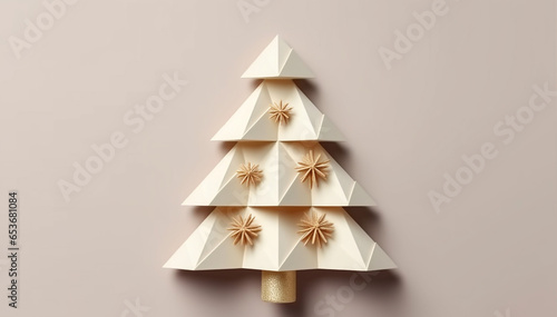 Christmas Tree Mockup Closeup isolated on beige background. Christmas-Tree top view flat lay. Winter traditional holidays. Merry Christmas and Happy New Year concept. Blank template copy space