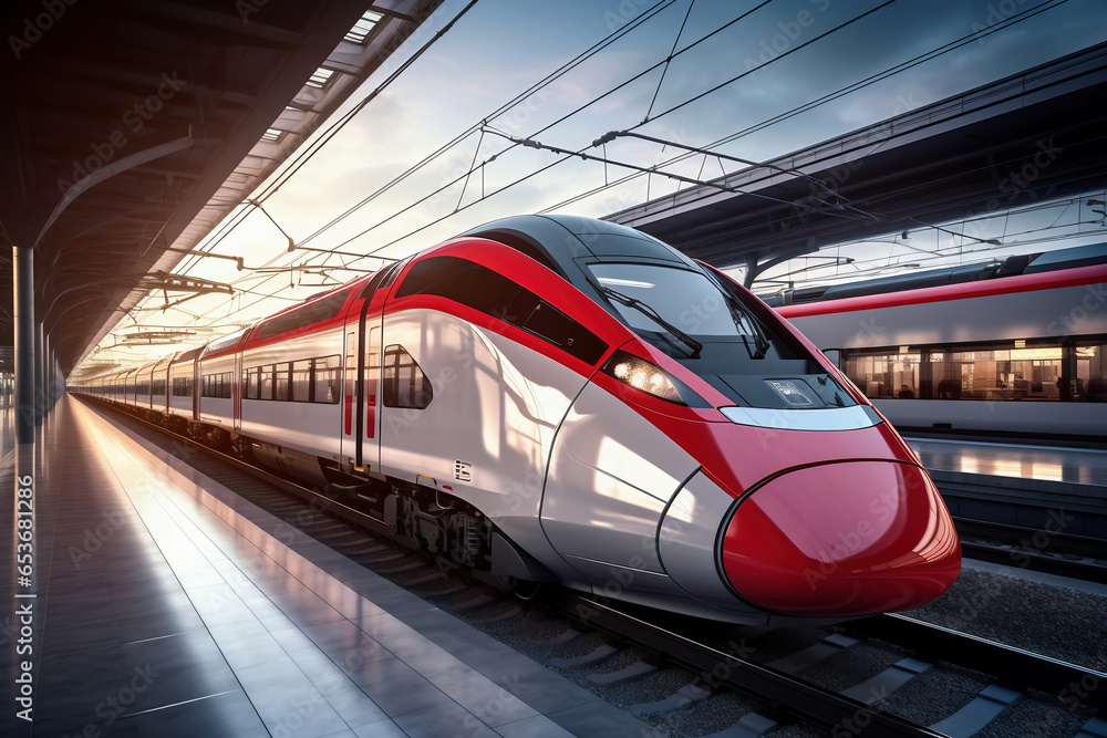 Red and white modern high-speed train on a railway platform. Boarding platform at the railway station. High-speed transport. Red and white modern high-speed train on a railway platform. Boarding platform at the railway station. High-speed transport.
