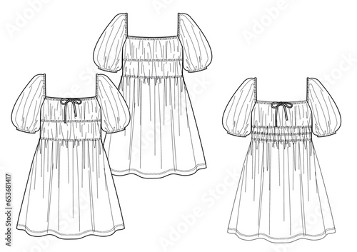 women drawstring front,puff short sleeve,frill shirred smocked dress fashion vector