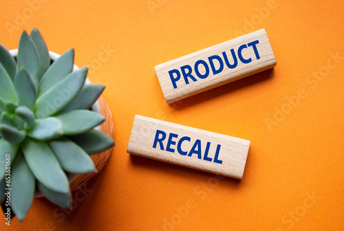 Product recall symbol. Concept words Product recall on wooden blocks. Beautiful orange background with succulent plant. Business and Product recall concept. Copy space.