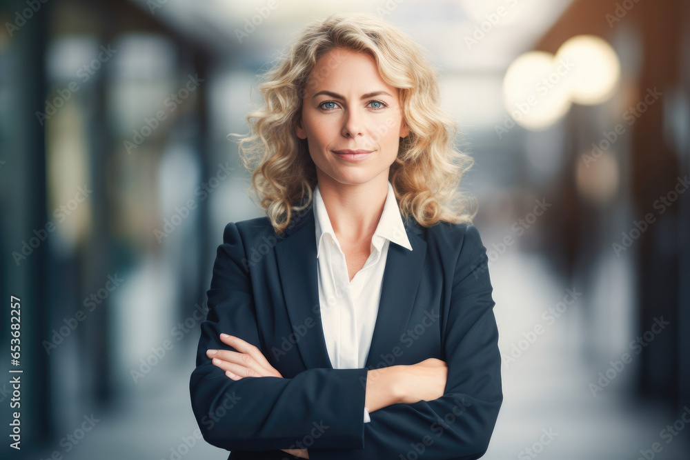 Portrait of a businesswoman wearing a suit standing in a modern office smiling with crossed arms looking at the camera. Positive and confident person. Successful business woman concept. Portrait of a businesswoman wearing a suit standing in a modern office smiling with crossed arms looking at the camera. Positive and confident person. Successful business woman concept.