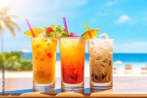 Sipping on icy cocktails in a glass while soaking up the sun on a beautiful beach. Generative AI.