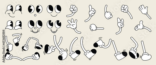 Set of 70s groovy comic faces vector. Collection of cartoon character faces, leg, hand in different emotions happy, angry, sad, cheerful. Cute retro groovy hippie illustration for decorative, sticker.