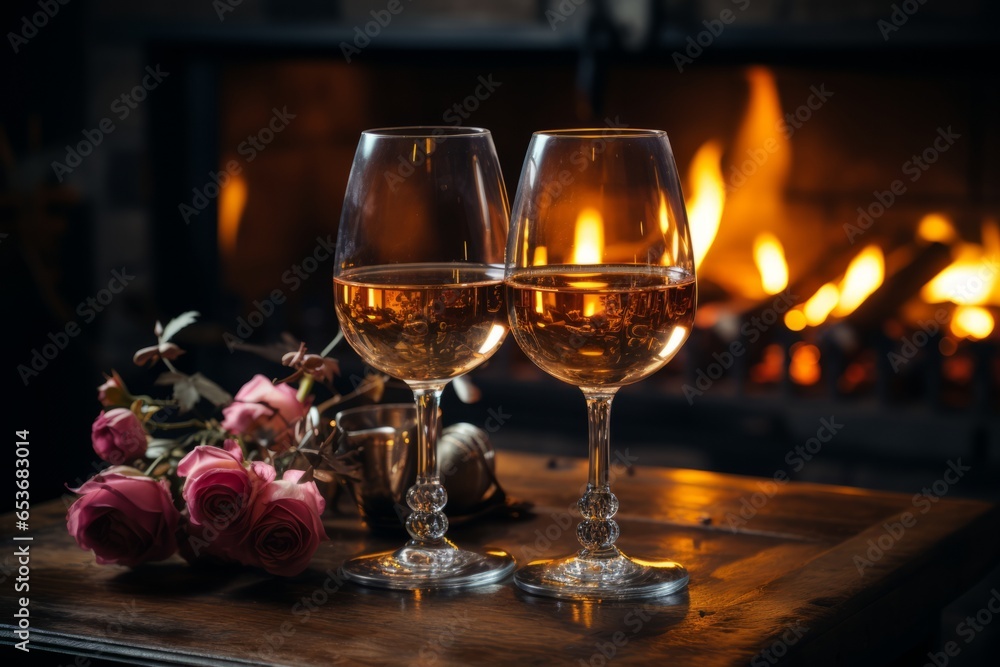 Cozy fireplace with two wine glasses and a rose, Generative AI 