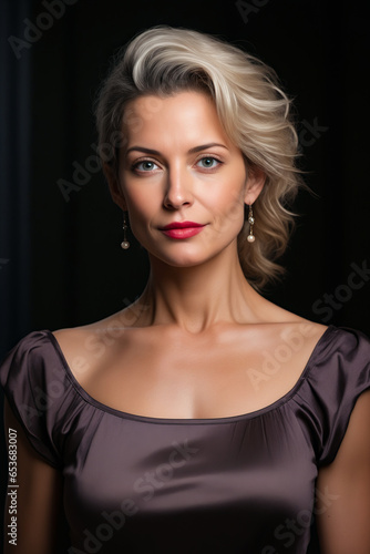 Woman with short blond haircut and red lipstick.
