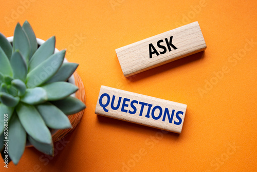 Ask Questions symbol. Wooden blocks with words Ask Questions. Beautiful orange background with succulent plant. Business and Ask Questions concept. Copy space.