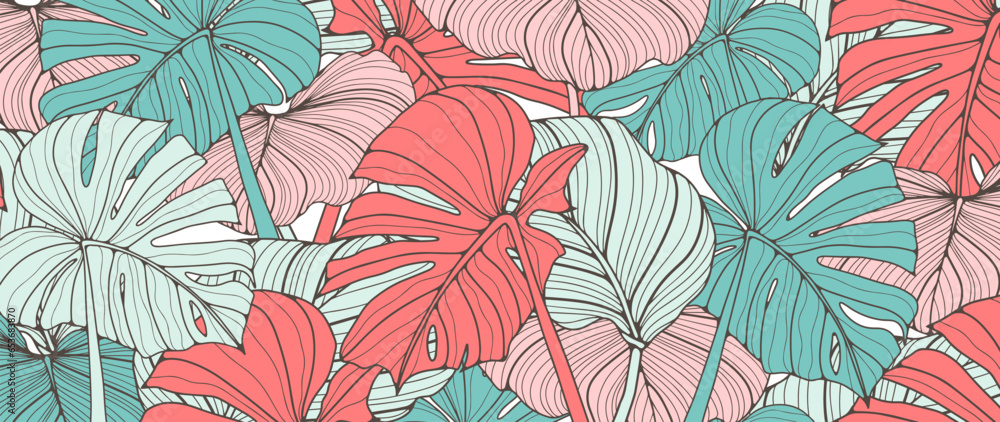Tropical background with monstera branches in soft turquoise and pink tones. Botanical background with palm branches for creating various designs, decor, covers, cards and presentations.