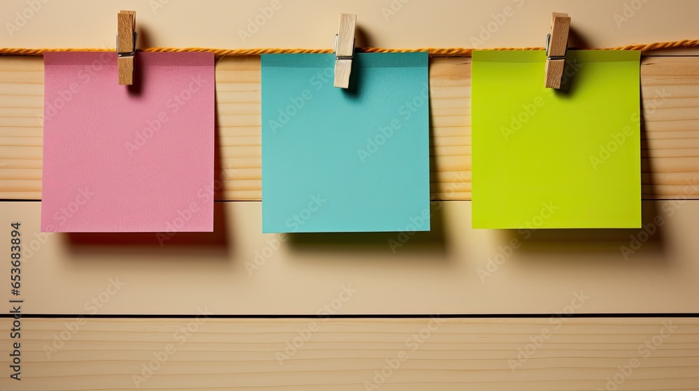 Image of colorful sticky notes hangs on a rope with clothespin on cork board background. - obrazy, fototapety, plakaty 