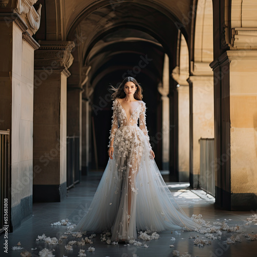 woman in a white gown, dress. 