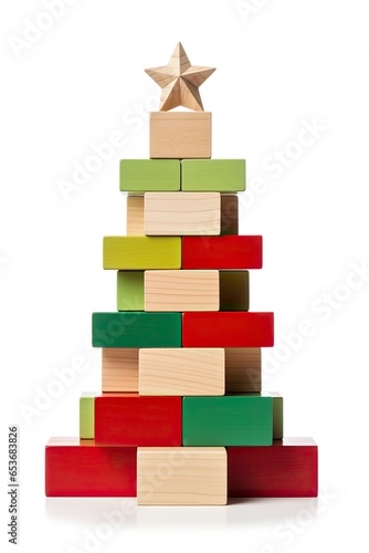 Image of christmas tree made from colorful wooden blocks isolated over white background.