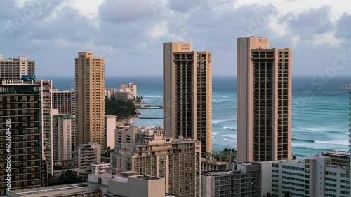 Timelapse of day to night transition of Waikiki Beach skyline in Oahu Island, Hawaii, USA