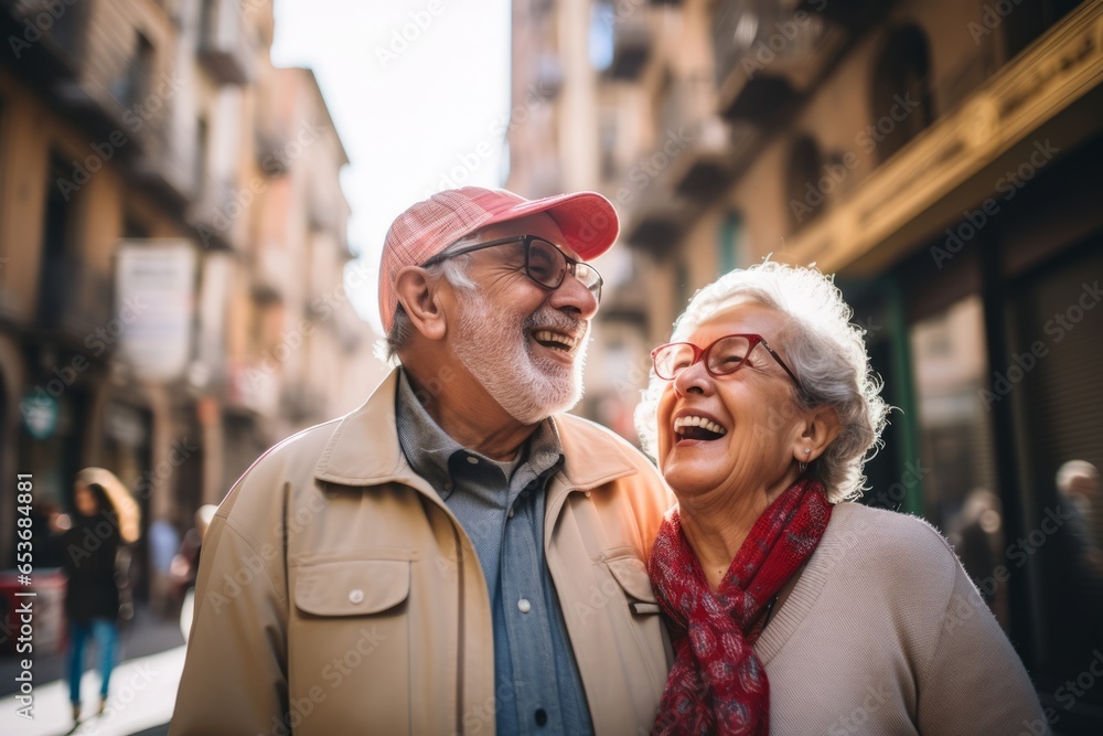 happy grandfather and grandmother are walking in the old town. Travel concept. generative ai. happy grandfather and grandmother are walking in the old town. Travel concept. generative ai.