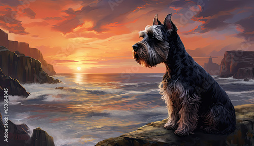 Contemplative Miniature Schnauzer Breed at Sunset by the Sea