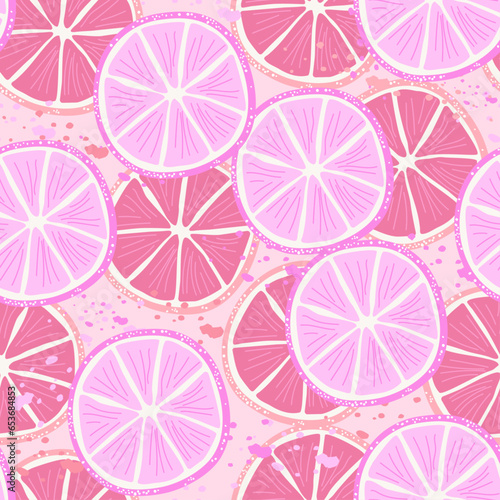 Pink citrus slices seamless pattern, hand-drawn pink grapefruit