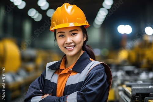 Engineer woman worker, Asian working women happy smiling in hevy industry machinery factory photo