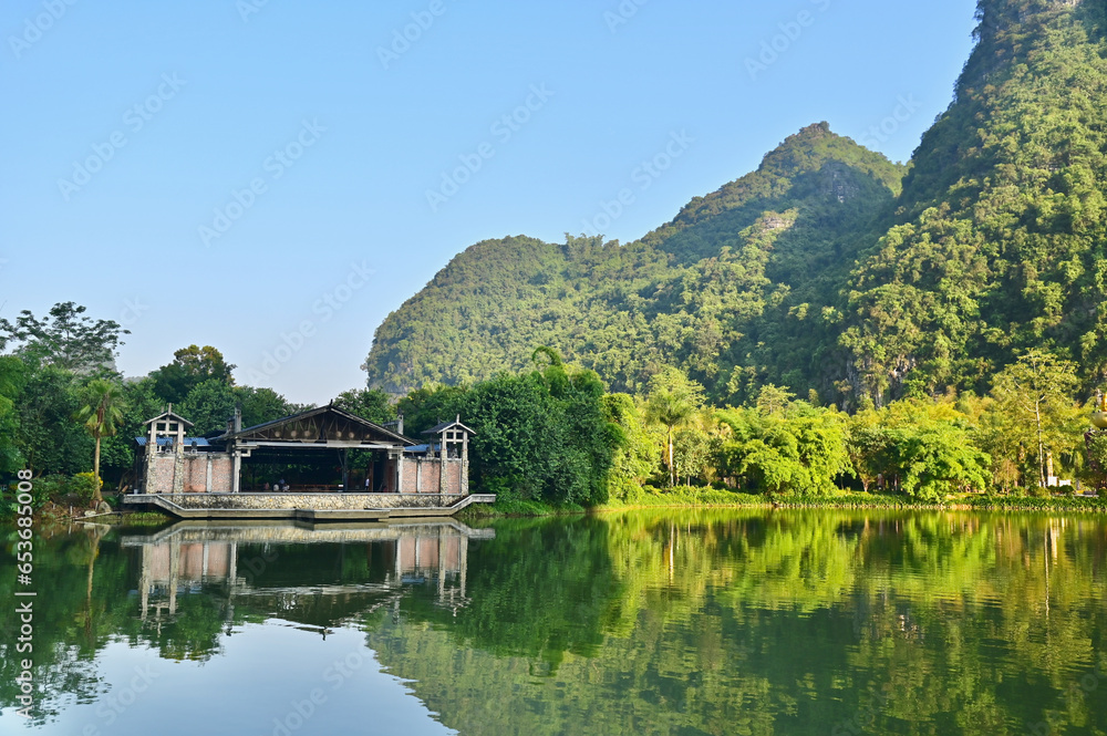 Peaceful Morning Scenery of Mingshi Pastoral in Guangxi, China Peaceful Morning Scenery of Mingshi Pastoral in Guangxi, China