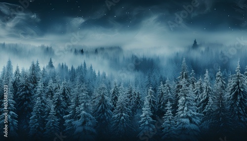 misty morning in snowy the forest. Snowy winter landscape. High angle shot of a snow covered pine forest. Nordic landscape. Winter landscape. Winter time. Cold