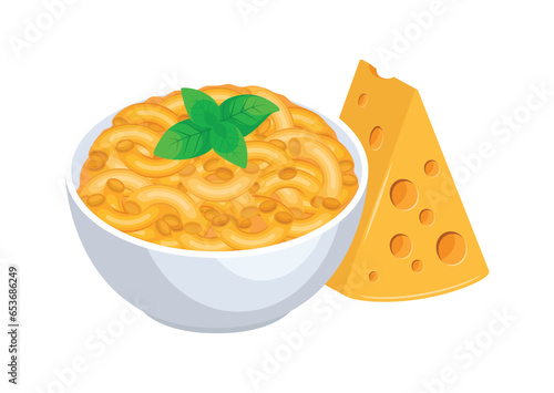 Macaroni and Cheese bowl vector illustration. Bowl of macaroni with cheese and basil leaf icon vector isolated on a white background. Mac and Cheese drawing