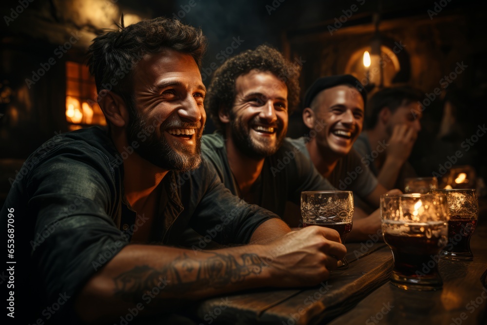 Group of friends toasting with pints of Guinness at an Irish pub, Generative AI Group of friends toasting with pints of Guinness at an Irish pub, Generative AI