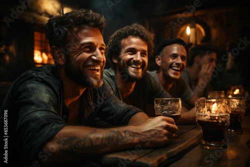 Group of friends toasting with pints of Guinness at an Irish pub, Generative AI © Shooting Star Std
