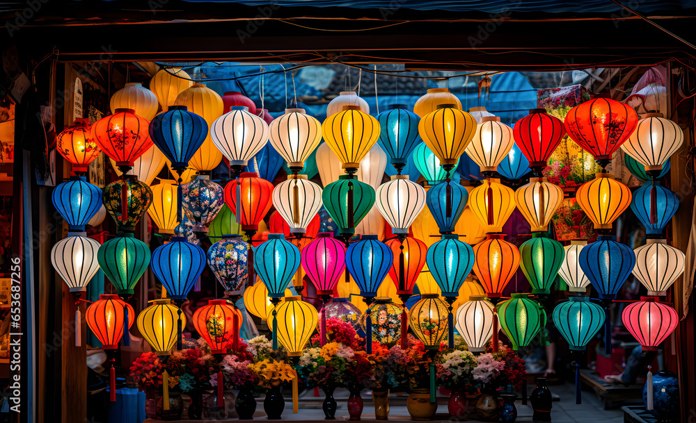 Multicolored Chinese lanterns on the market street.