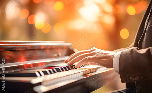 Close-up photograph of male hands of a man playing the piano.