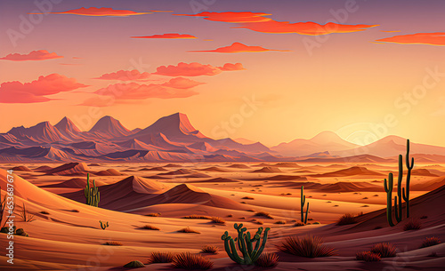A desert landscape with cacti and sand dunes against a sunset sky. photo