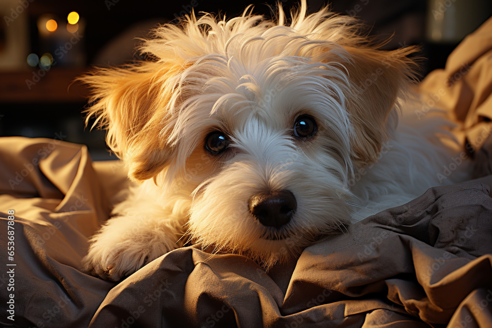portrait of a Havanese dog puppy lying on the bed under the light of a