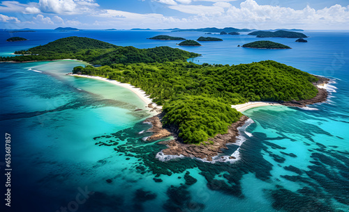 An aerial view of a tropical desert island paradise. photo