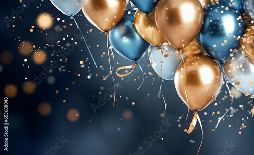 Festive background with gold and blue metallic balls, confetti and ribbons. photo