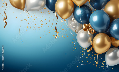 Festive background with gold and blue metallic balls, confetti and ribbons. photo