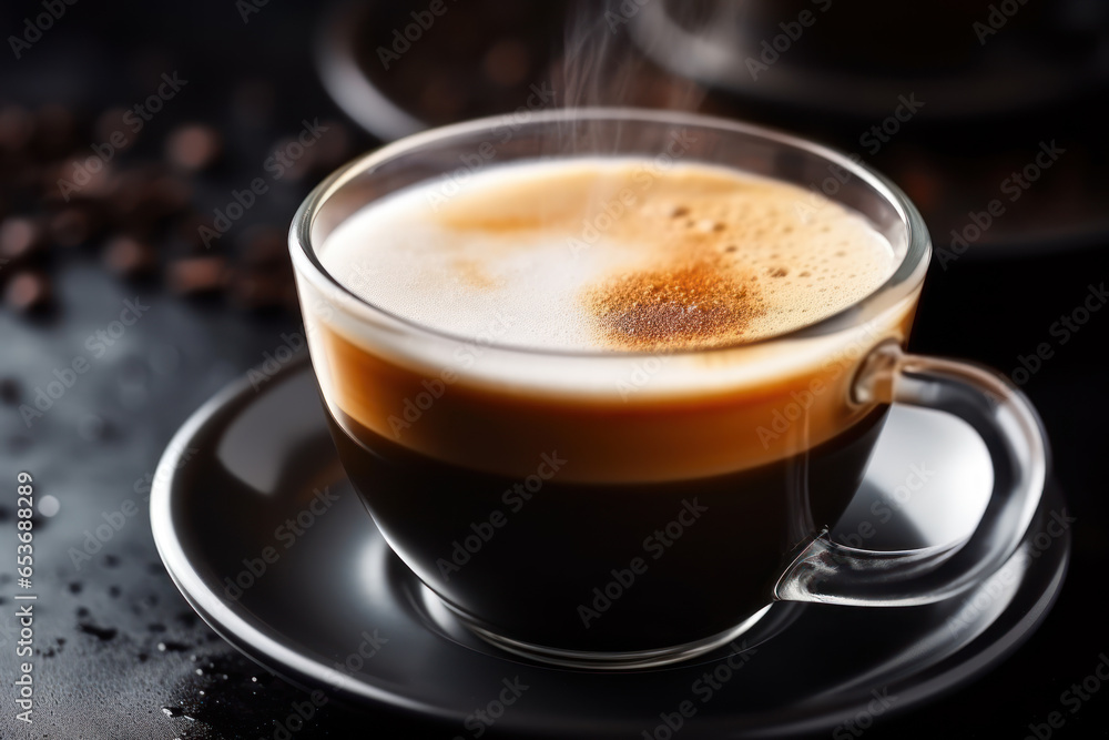 A cup of hot espresso coffee with smoke on roasted coffee beans A cup of hot espresso coffee with smoke on roasted coffee beans