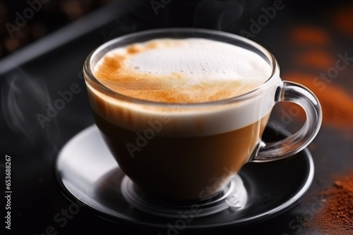 A cup of hot espresso coffee with smoke  on roasted coffee beans