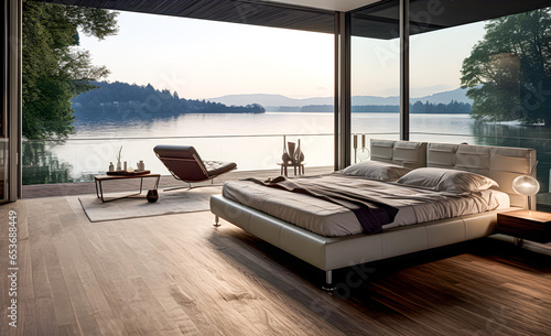 Minimalist interior design of a modern bedroom with large panoramic windows and beautiful lake views.