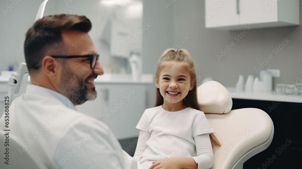 Fototapeta premium Smiling happy little kid child girl patient visits a male dentist doctor at a medical dental clinic. Health care treatment. Healthy teeth. No fear.