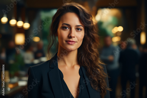 Woman with long hair and black jacket is smiling.