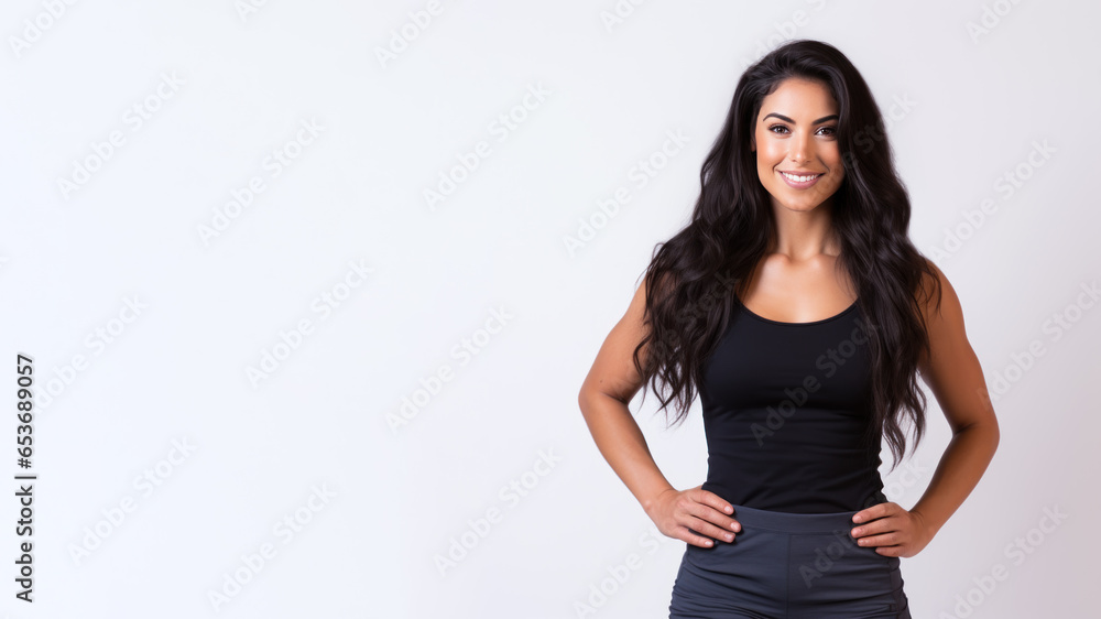 Muscular young woman flexing wearing sportswear in gym Muscular young woman flexing wearing sportswear in gym
