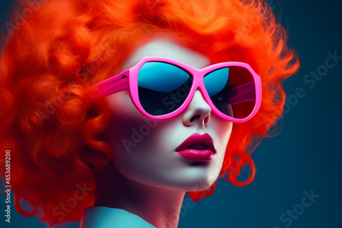 Woman with red hair and sunglasses on her head.