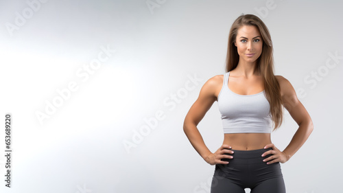 Muscular young long wavy hair woman flexing wearing sportwear in gym