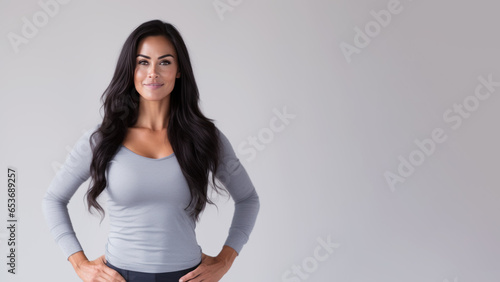 Muscular young long black hair woman flexing wearing sportwear in gym
