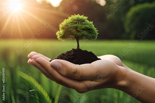 Environment Earth Day In the hands of trees growing seedlings. Bokeh green Background Female hand holding tree on nature field gra  photo