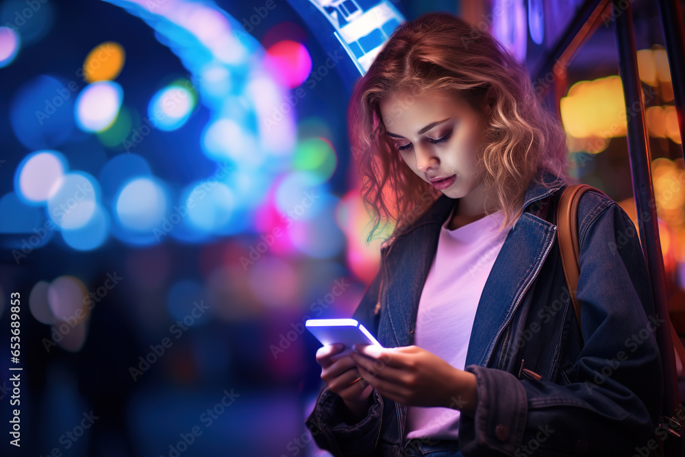 Beautiful young woman using phone on the street at night with colorful lights.