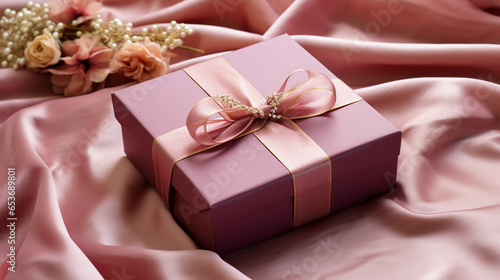 Elegant gift box, satin bow, radiating surprise and affection in soft studio light.
