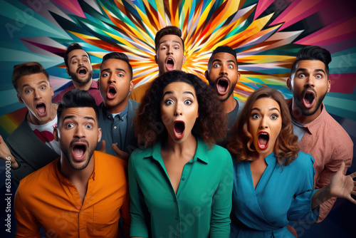 Group of amazing young people with open mouths or shocked faces over multicolored background. Young beautiful women and men screaming and looking at camera.
