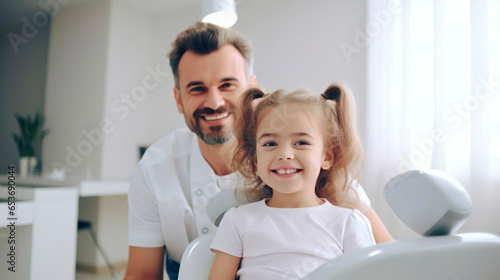Happy joyful little kid child girl patient visits a male dentist doctor at a medical dental clinic. Health care treatment. Healthy teeth. No fear.
