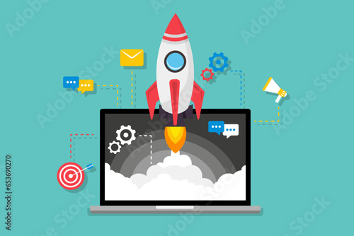 Startup rocket in laptop in a flat design. Open laptop with rocket launch on a display. Spaceship or rocket flying out of laptop screen